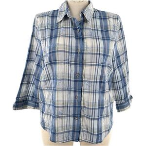 Alfred Dunner womens top size 14 blue white plaid button down